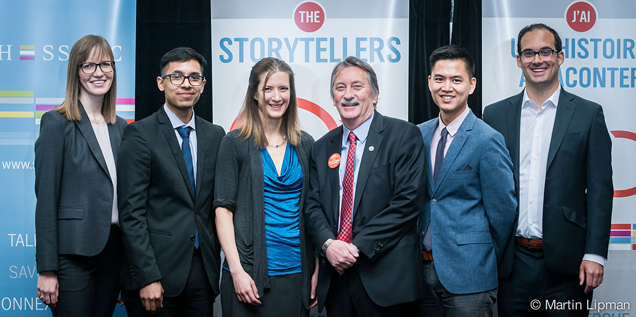 The 2015 Final Five Storytellers. From left to right: Heather Prime, Naveen Devasagayam, Tanya Elchuk, Ted Hewitt (SSHRC President), Simon Lisaingo, Bryan Gallagher | Photo: Martin Lipman